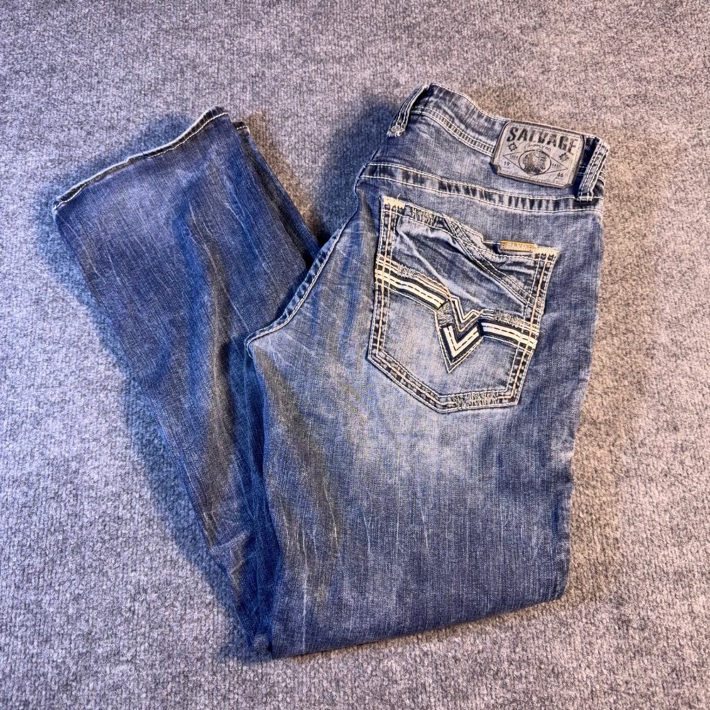 Salvage Mayhem Straight Regular Fit Jeans Mens 34 Blue Acid Wash Buckle